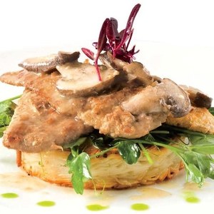 Gardein “Chicken” Scaloppini with Shiitake Sake Sauce, Pea Shoots, and Udon Noodle Cakes