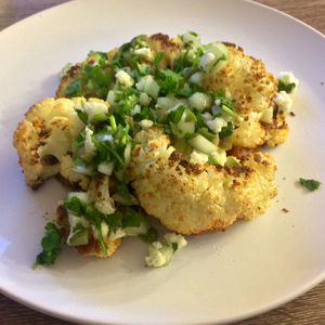 Cauliflower Steaks with Olive Salsa and Roasted Tomato Sauce