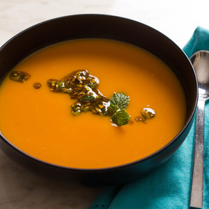 Roasted Sweet Potato Soup With Pistachio, Orange, and Mint Salsa Recipe