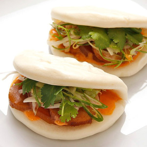 Steamed Buns with Simmered Daikon and Shiitake, Pickled Bean Sprouts, and Spicy Mayonnaise (Vegan) Recipe