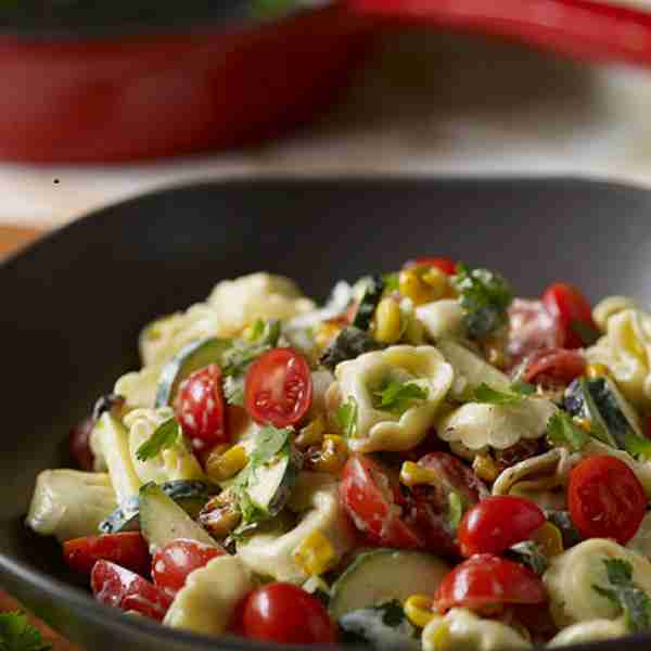 Three Bridges’ Cheese Tortellini Salad with Pan Roasted Corn, Poblano Chiles and Crème Fraiche