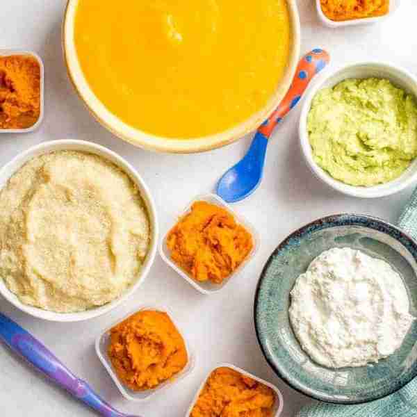 Homemade baby food quinoa, peaches, avocado, pumpkin and cottage cheese