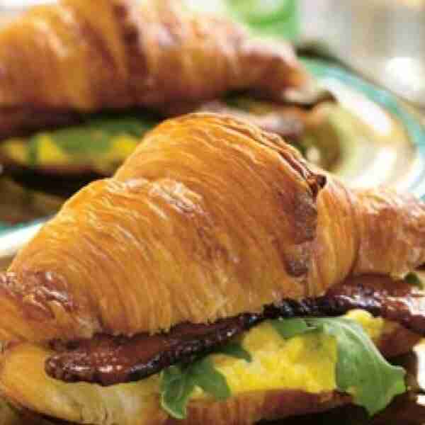 Warm Egg Salad on Croissants with Country Bacon and Arugula