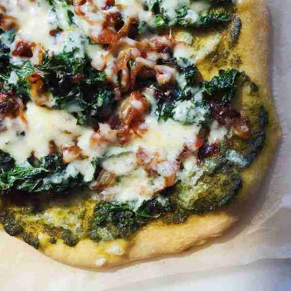 Caramelized Onion, Pesto and Kale Pizza