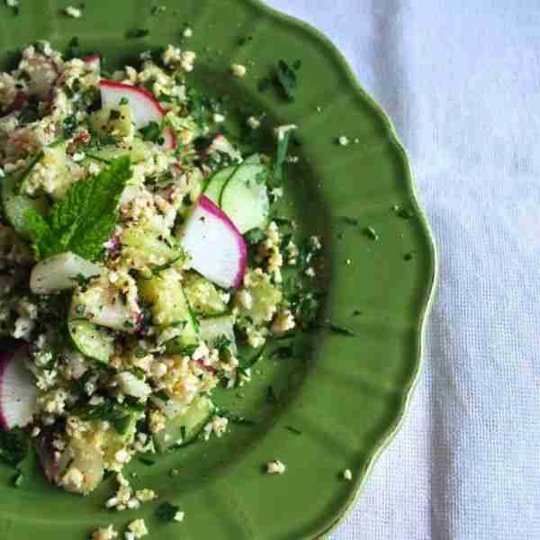 cauliflower “couscous” with mint & radish