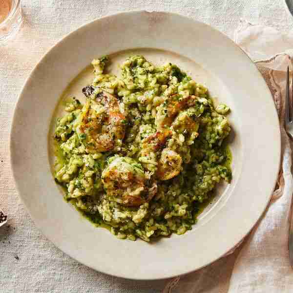 Pesto Risotto for One With Shrimp