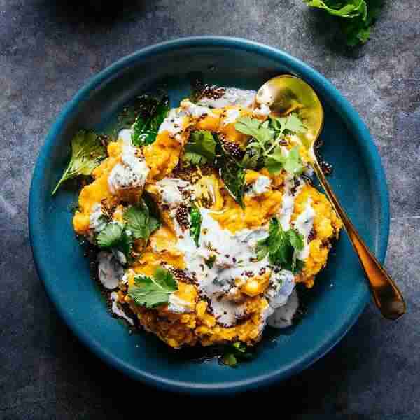 Slow-Cooker Squash, Millet & Lentil Dal with Herbed Yogurt