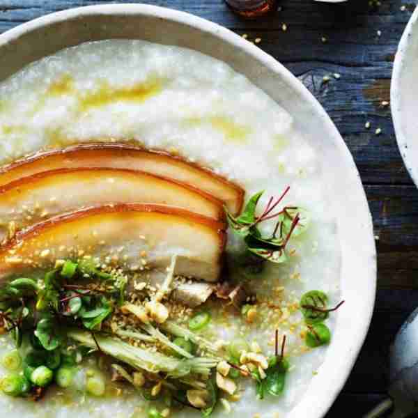 Pork belly congee with ginger and soy