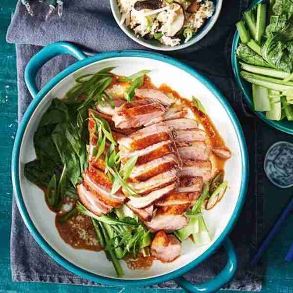 Chinese orange and soy glazed duck with shiitake mushroom rice