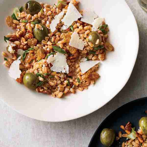 Farro and Green Olive Salad with Walnuts and Raisins