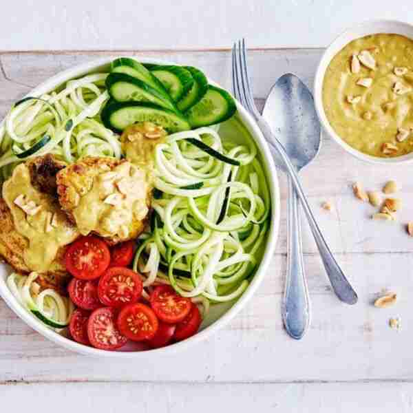 Keto satay chicken bowl with zoodle salad