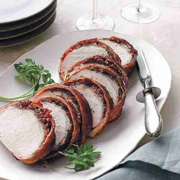 Bacon-Wrapped Pork Loin With Cherries