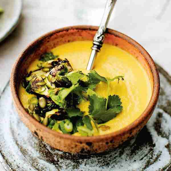 Turmeric Chickpea Soup With Charred Brussels Sprouts