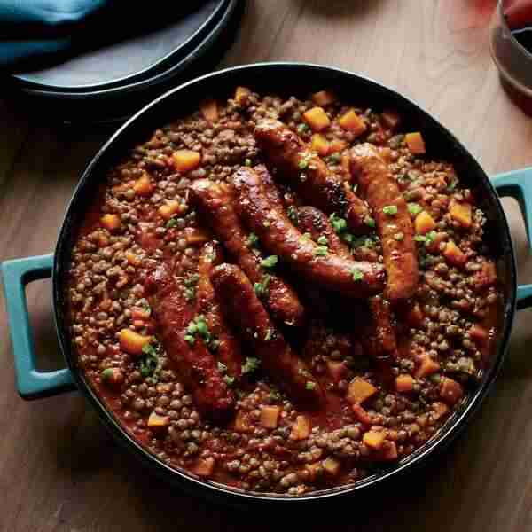 Lentils with Butternut Squash and Merguez Sausage