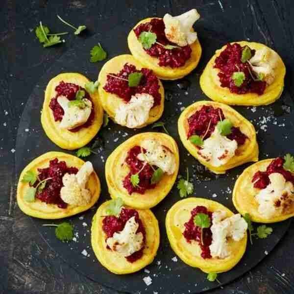 Turmeric blini with beetroot hummus and roasted cauliflower