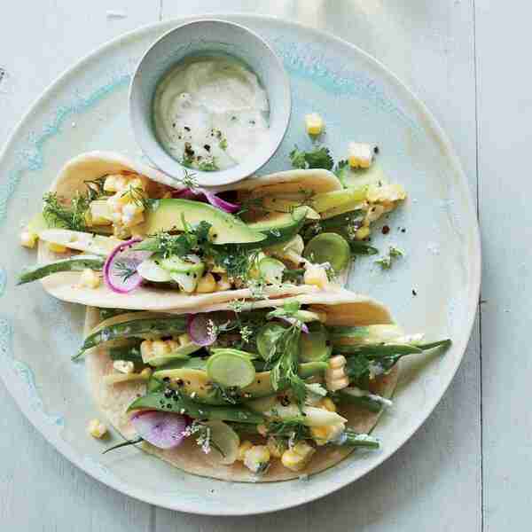 Green-Market Tacos with Corn Crema