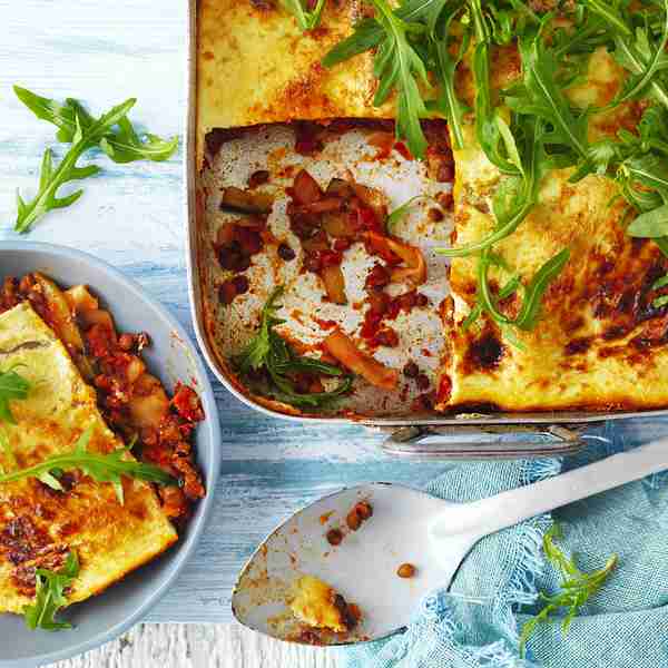 Char-grilled zucchini and lentil lasagne