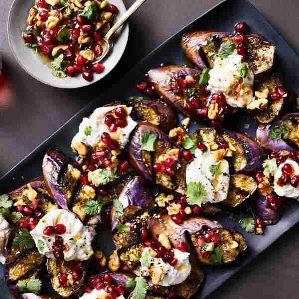Charred Eggplant with Burrata and Pomegranate-Walnut Relish