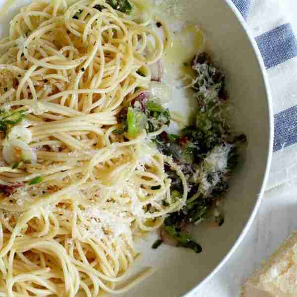 Spaghetti with Ramps, Chiles & Two Cheeses