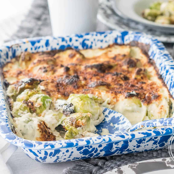Low Carb Keto Asiago Alfredo Brussels Sprouts