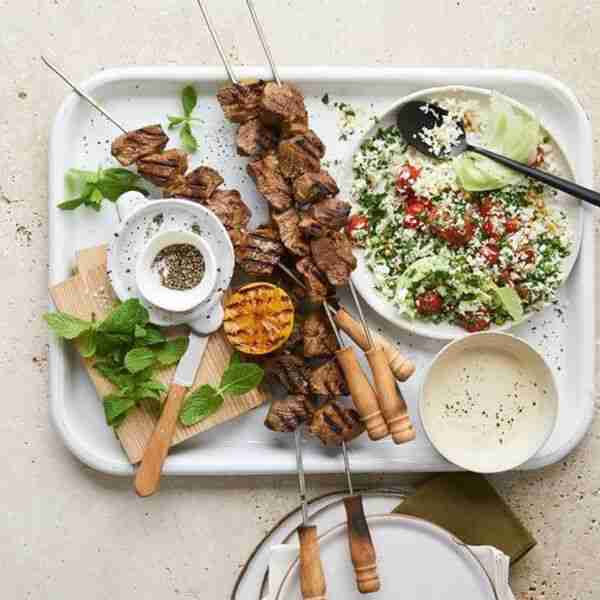 Keto spiced lamb skewers with cauliflower tabbouleh and tahini sauce