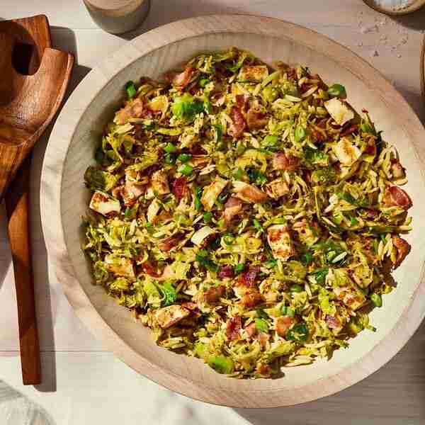 Za’atar-Spiced Brussels Sprouts & Orzo With Bacon-Halloumi Dressing