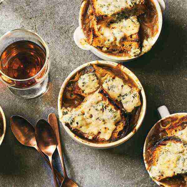 Caramelized Onion and Bread Soup with Brûléed Blue Cheese