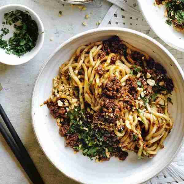 Phoebe Woods’ black bean pork noodles with coriander and peanuts