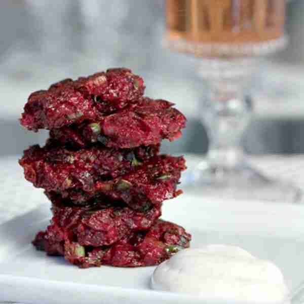 Roasted Beet Latkes with Scallion and Cayenne Crème Fraîche