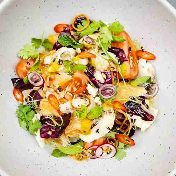 Nhoam Trey Mhasamout (Grilled Halibut Salad)