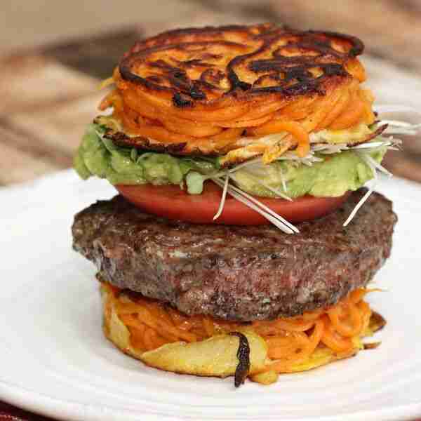 Burger With Guacamole On Sweet Potato Noodle Bun