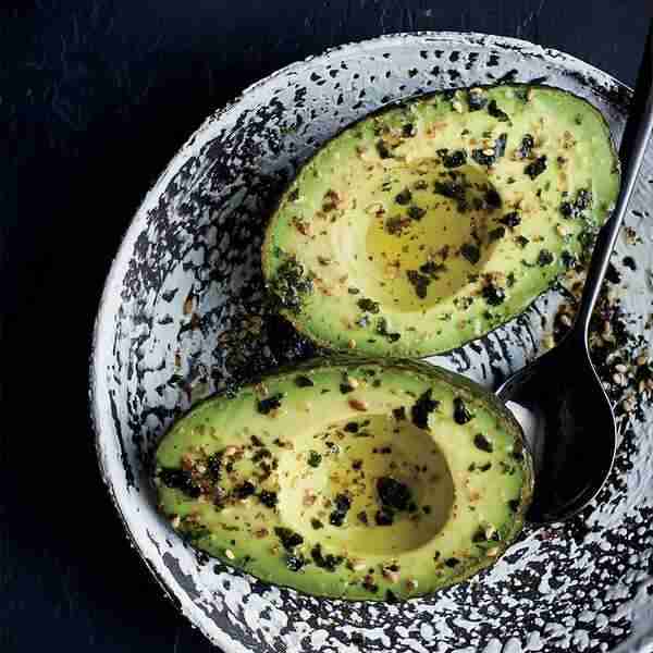 Avocado Halves with Flaxseed Furikake