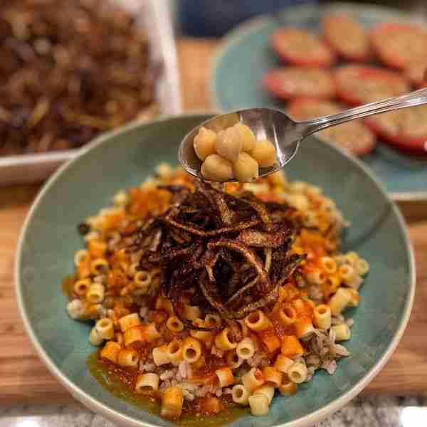 Egyptian Street-Style Koshary (Lentils, Rice, Pasta and Garlic Tomato Sauce)