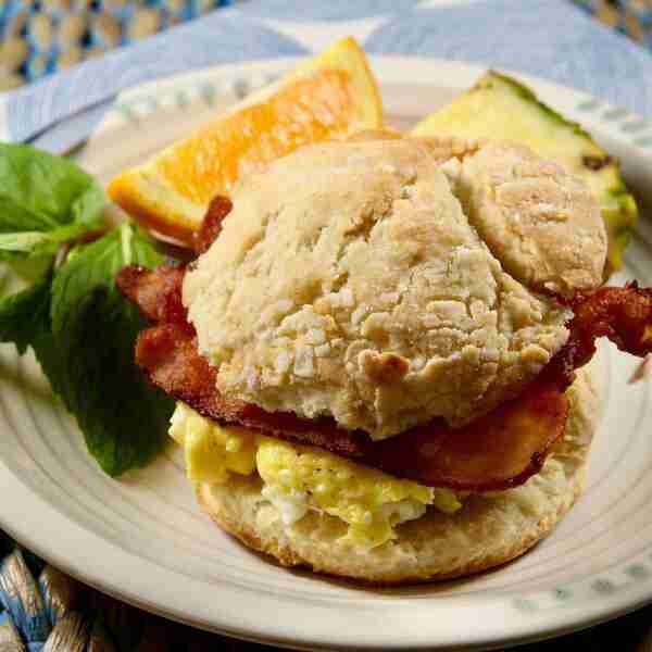 Bacon, Egg, and Cheese Buttermilk Biscuit Breakfast Sandwich