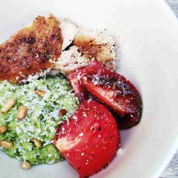 Olive Oil-Fried Chicken with Pesto Quinoa and Heirloom Tomatoes