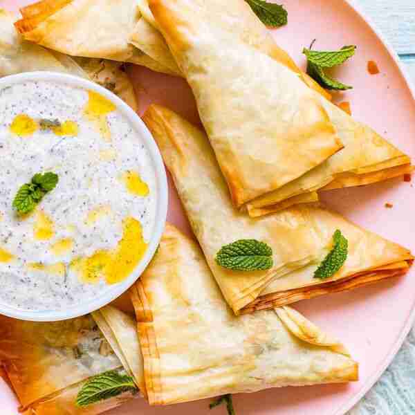 Baked Chicken Samosas with Mint Yogurt Dip