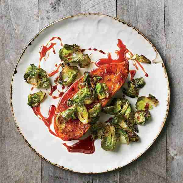 Honey-Glazed Sweet Potato Steaks with Brussels Sprouts