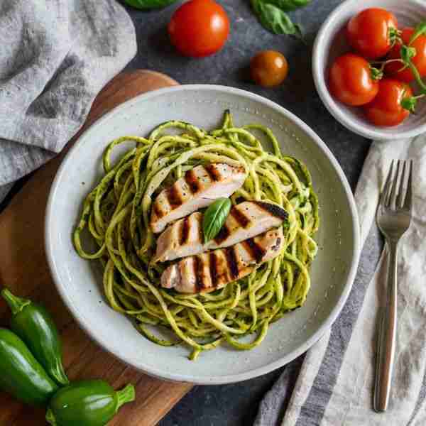 Zucchini Noodles with Pesto and Grilled Chicken
