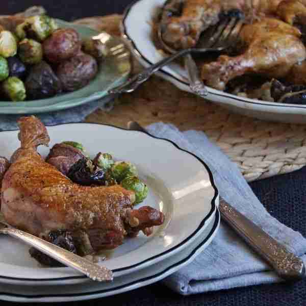 Braised Chicken Legs with Prunes, Brandy, and Dijon