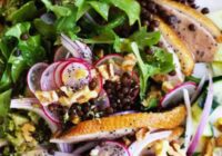 Crisp-skinned duck, lentil, broccoli and walnut salad recipe