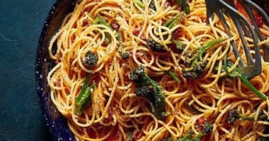 Chorizo & purple sprouting broccoli carbonara