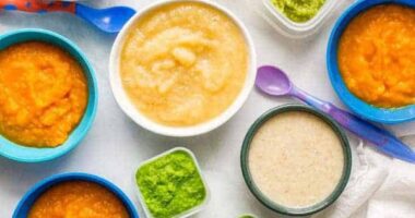 Homemade baby food: Peas, green beans, applesauce, butternut squash and oatmeal